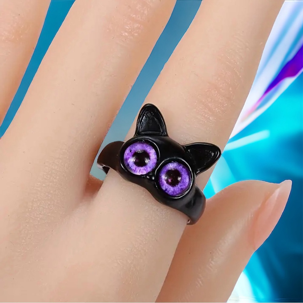 Stylish Retro Design Adjustable Opening Black‎ Cat Purple Eyes Fashion Ring